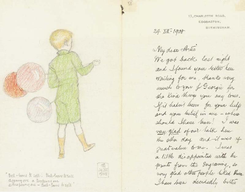Joseph E.Southall Balloons to sell Illustrated letter to Arthur Gaskin